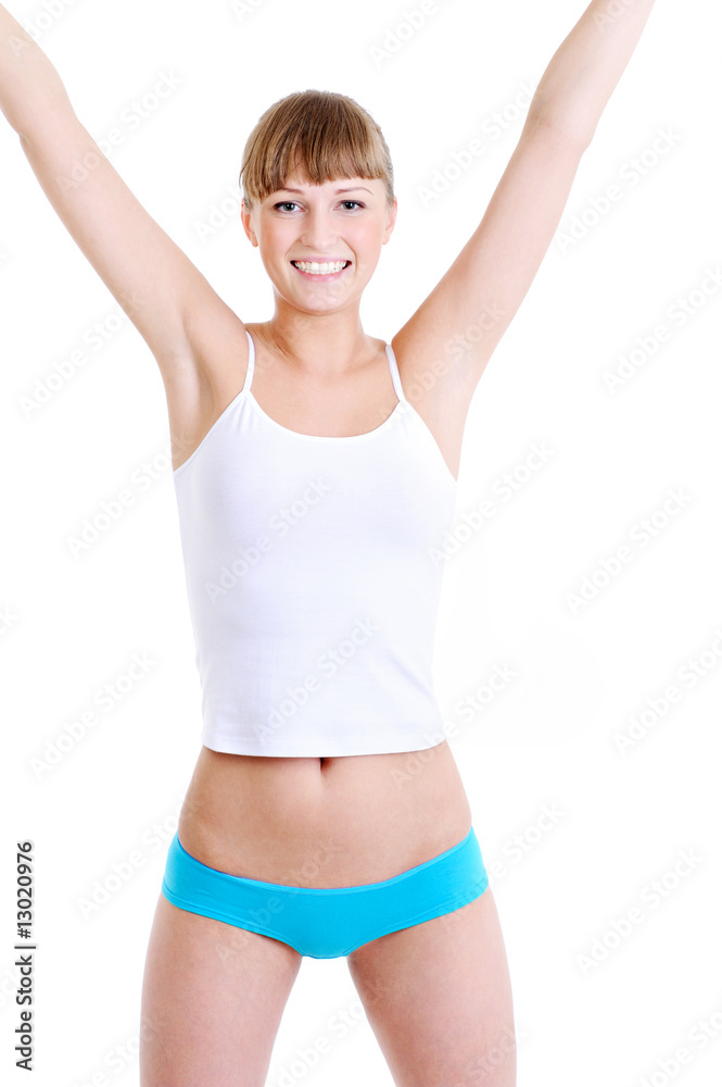 happy laughing young woman doing physical exercise happy laughing young woman doing physical exercise