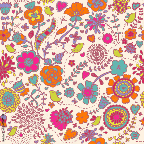 Colorful seamless pattern - birds in flowers
