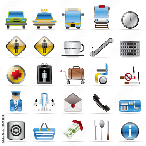 Airport, travel and transportation vector icon set