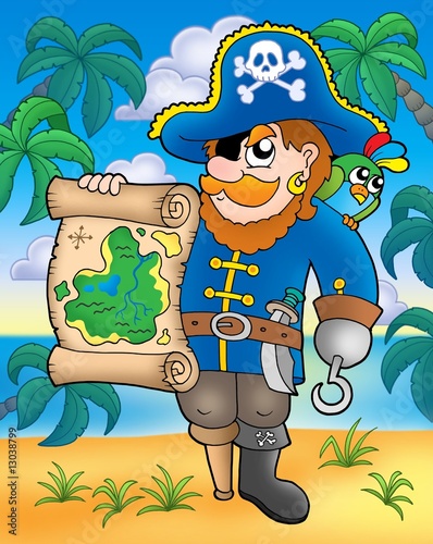 Acrylic prints Pirate with treasure map on beach Acrylic prints Pirate with treasure map on beach