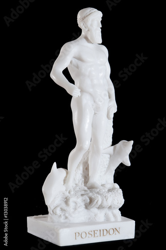 Classical white statuette of Poseidon isolated on black