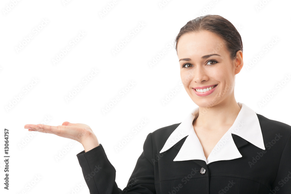 Happy businesswoman gesturing, isolated on white Happy businesswoman gesturing, isolated on white