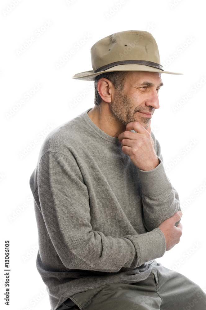 middle age man adventure hat thinking senior middle age man adventure hat thinking senior