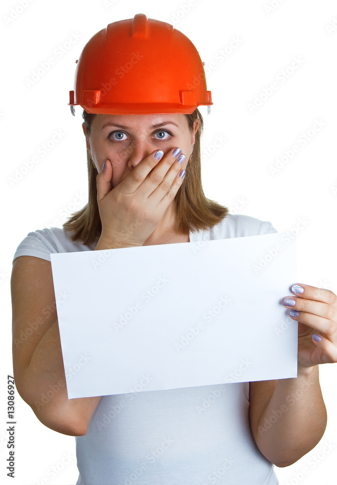 women in a red helmet shows on a sheet of paper women in a red helmet shows on a sheet of paper