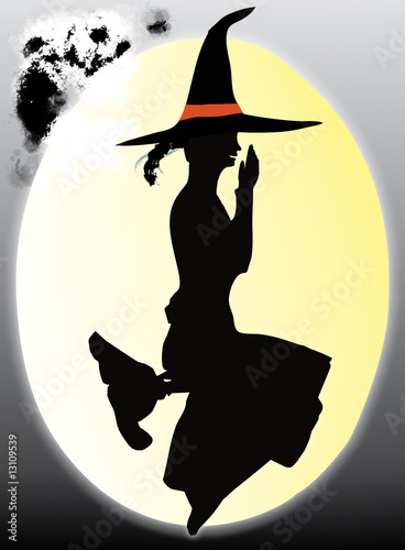 sympathetic witch sit on the moon and riding on broomstick