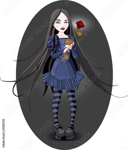 Goth stile girl holding withered rose. Background is separate.