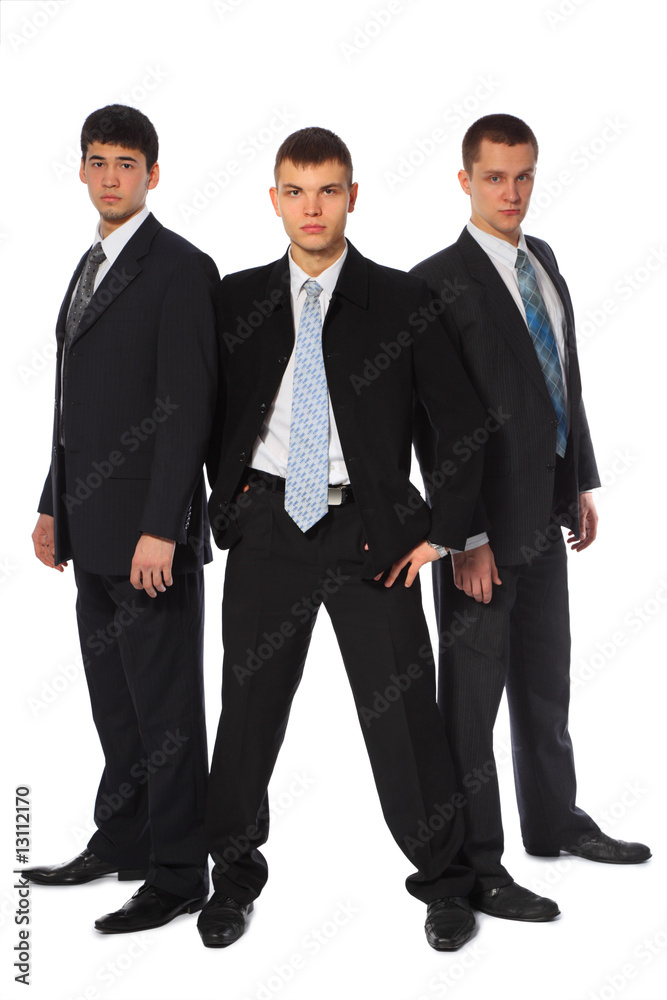 Three young businessmen stand semicircle Three young businessmen stand semicircle