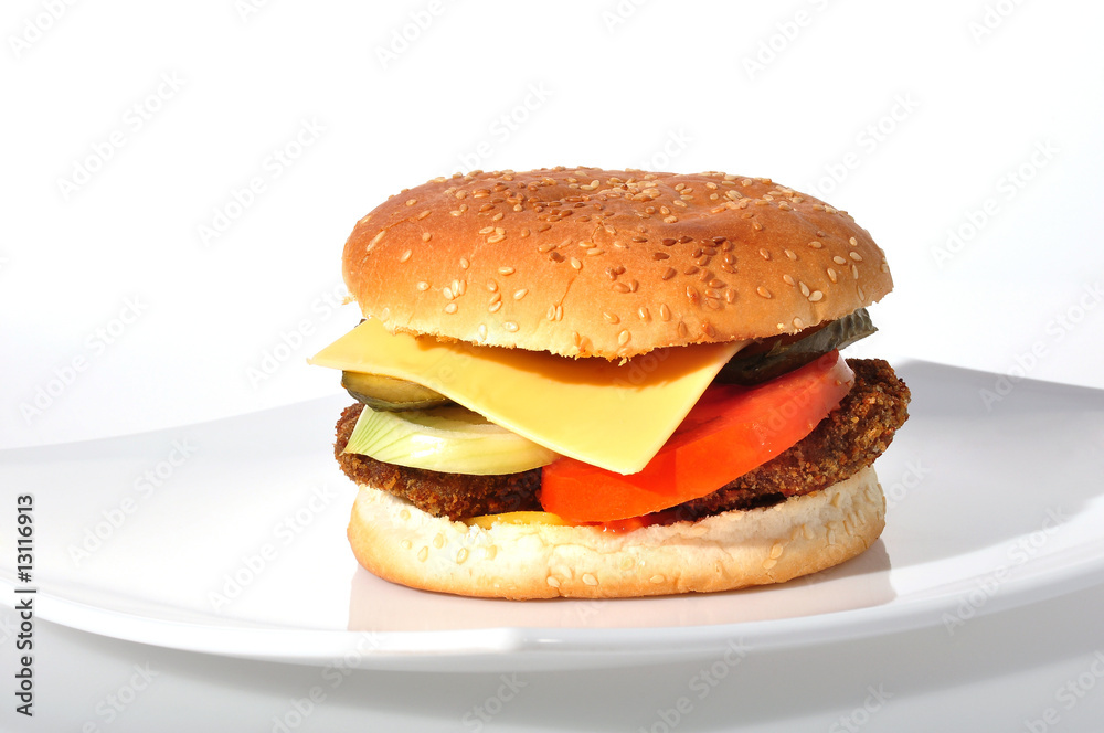 Hamburger on white plate Hamburger on white plate