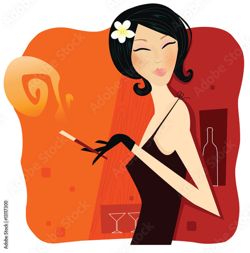 Tobacco passion. Woman with smoking cigar. Vector Illustration.