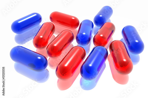 red and blue pills on white background