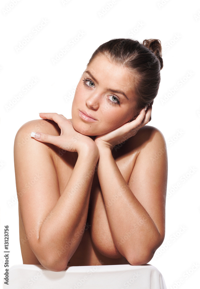 Healthy beautiful naked girl with copy space isolated on white Healthy beautiful naked girl with copy space isolated on white