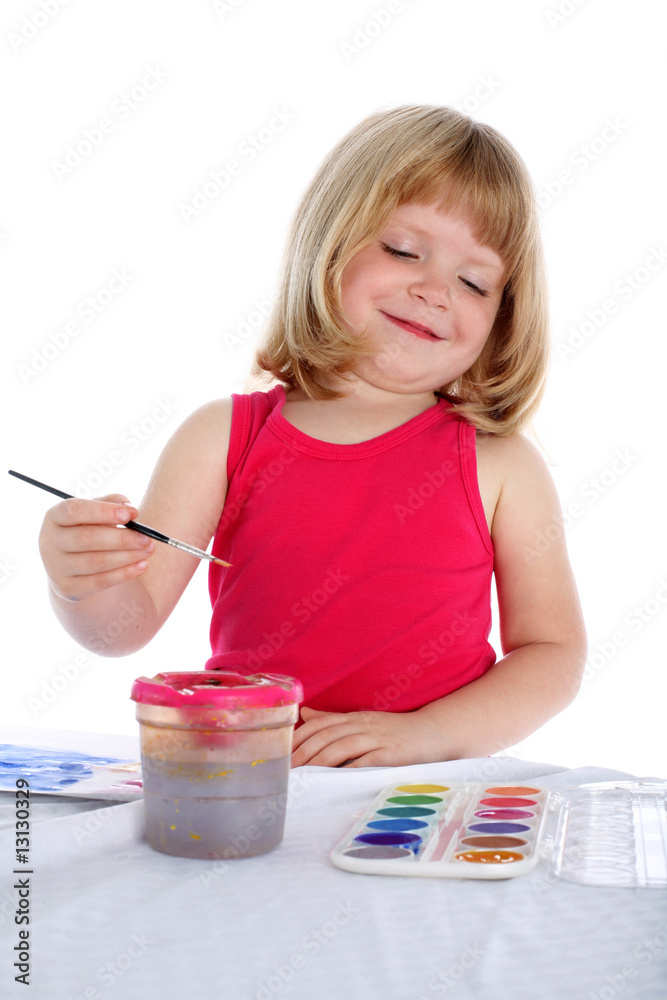 girl with paint beside table isolated on white girl with paint beside table isolated on white