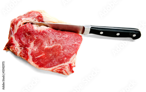 Close-Up Of Knife Cutting Beef