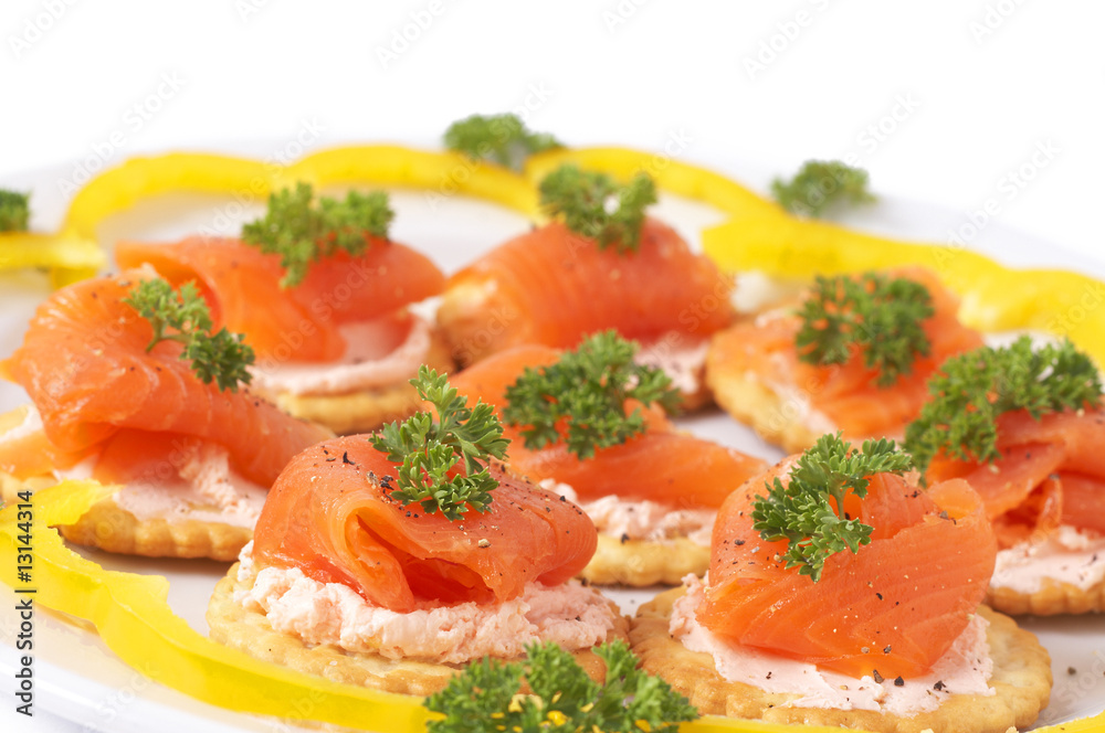 Smoked salmon and cream cheese on crackers Smoked salmon and cream cheese on crackers