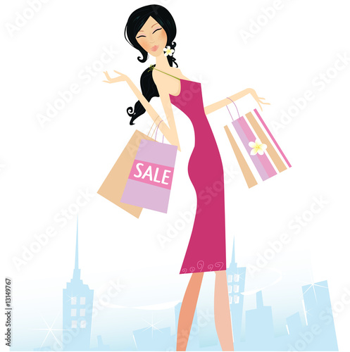 Shopping star. Woman with shopping bags. Vector Illustration.