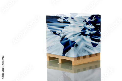 wooden shipping pallet with map world reflected