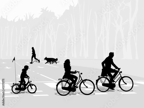 young family bicycling