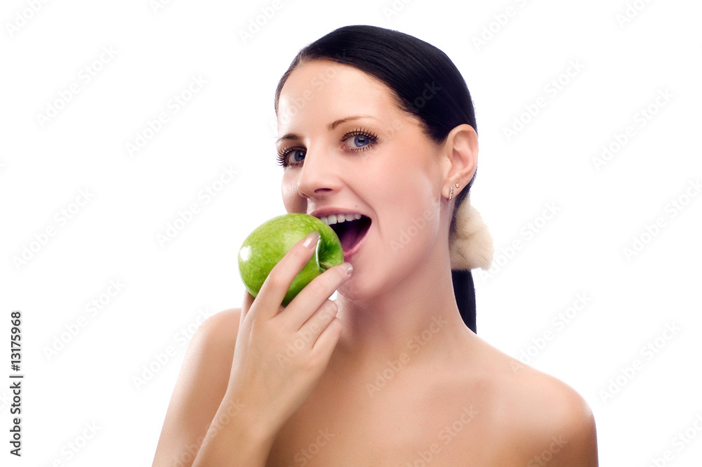 Young woman eating apple and smile over white background Young woman eating apple and smile over white background