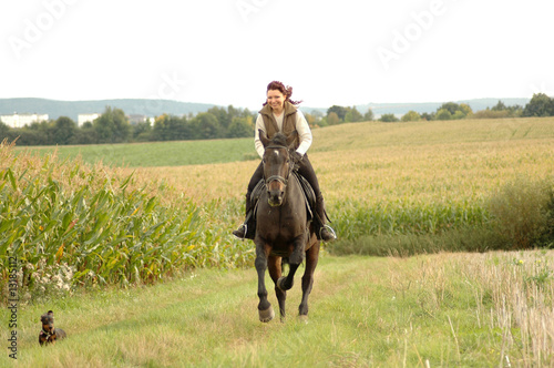 Woman, horse and a dog.