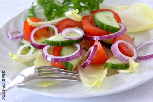 Chicoree Salat mit Tomaten, Gurken und Zwiebel