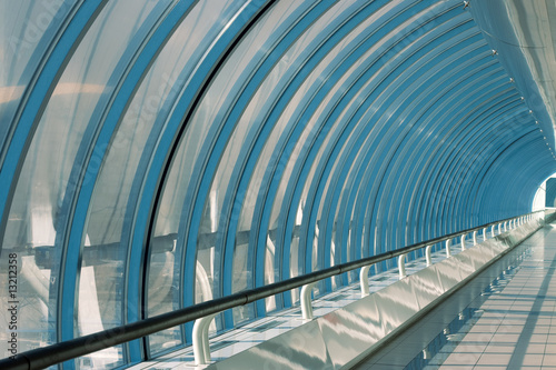 Modern glass and steel interior.