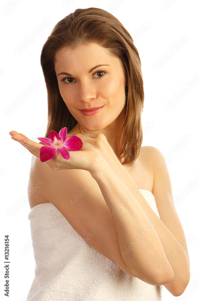 Smiling girl with a flower. Isolated on white Smiling girl with a flower. Isolated on white
