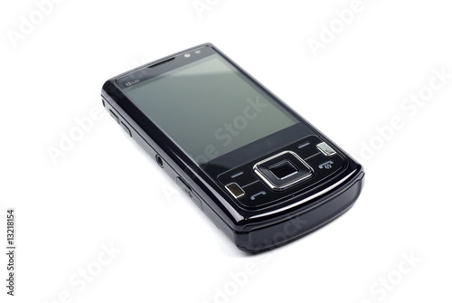 Modern black smart phone isolated on white background.
