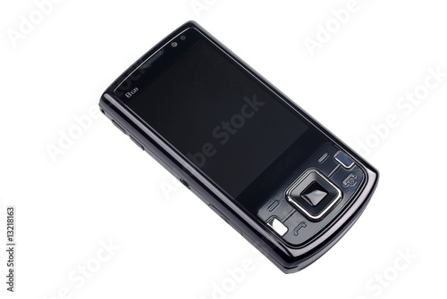 Modern black smart phone isolated on white background.