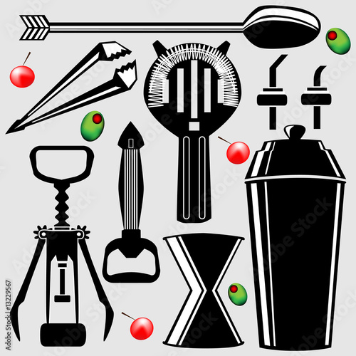 Set of bartending tools in vector silhouette