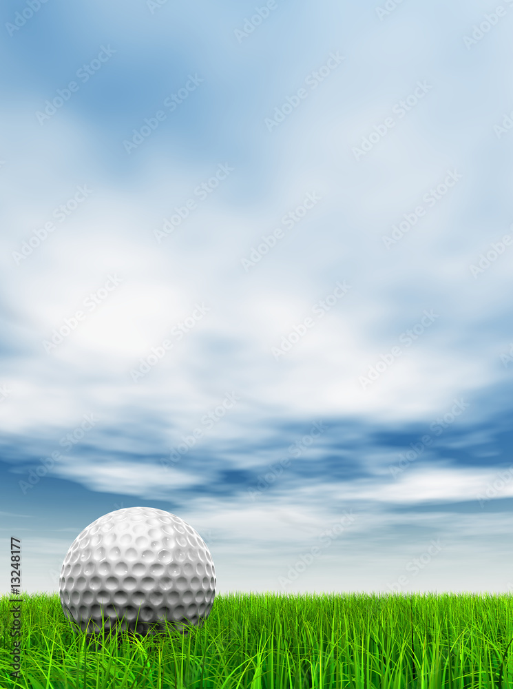 conceptual 3D golf ball on green grass over a blue sky conceptual 3D golf ball on green grass over a blue sky