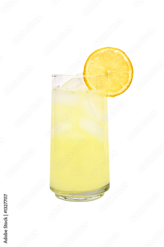 Lemonade with a slice of lemon on a white background. Stock Photo