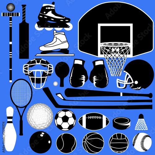 Sports balls and equipment in vector silhouette