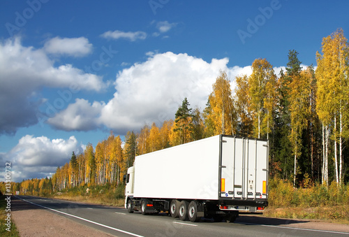 white truck on autumn highway