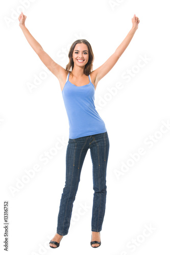 Young very happy gesturing smiling woman, isolated