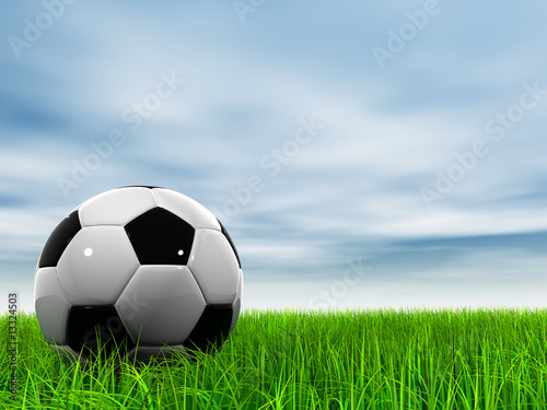 3D black soccer ball,green grass and a blue sky with clouds