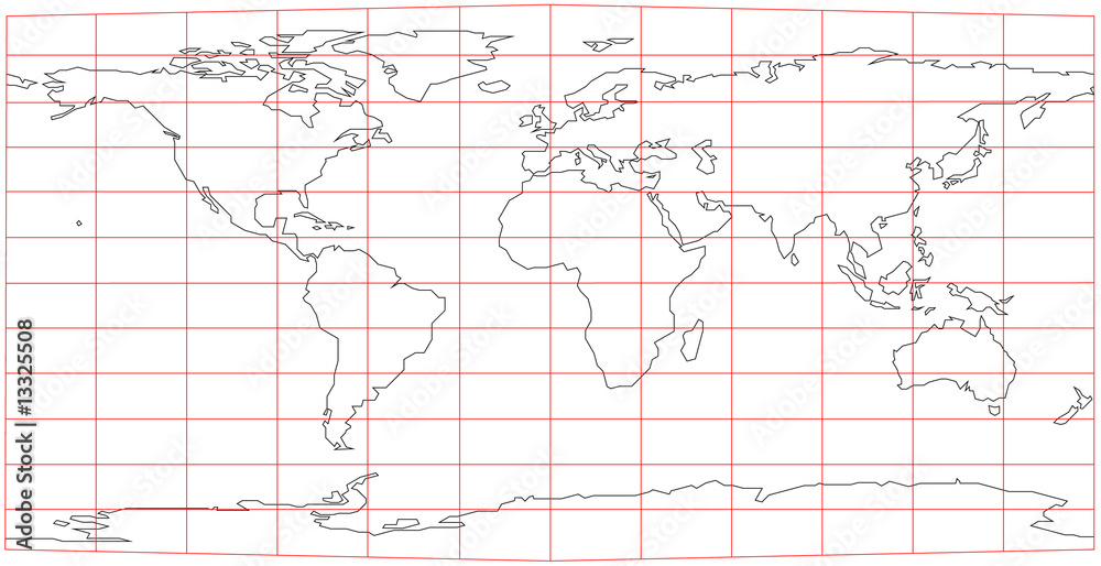 Weltkarte in Rektangular-Projektion, rotes Gradnetz