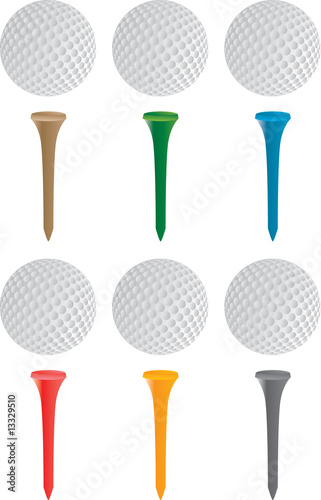 Six golf balls on tees