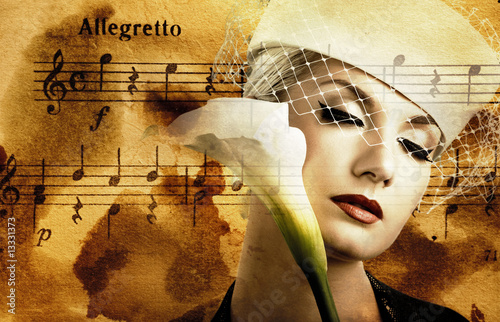 Beautiful woman over abstract melody background