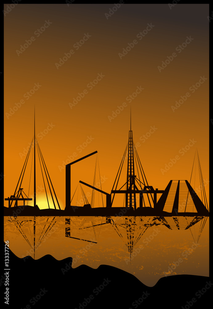 Obraz premium Silhouette of a harbor with reflection in water