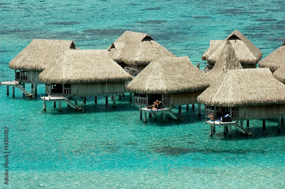 luxury overwater bungalows at blue lagoon in French Polynesia - obrazy, fototapety, plakaty 