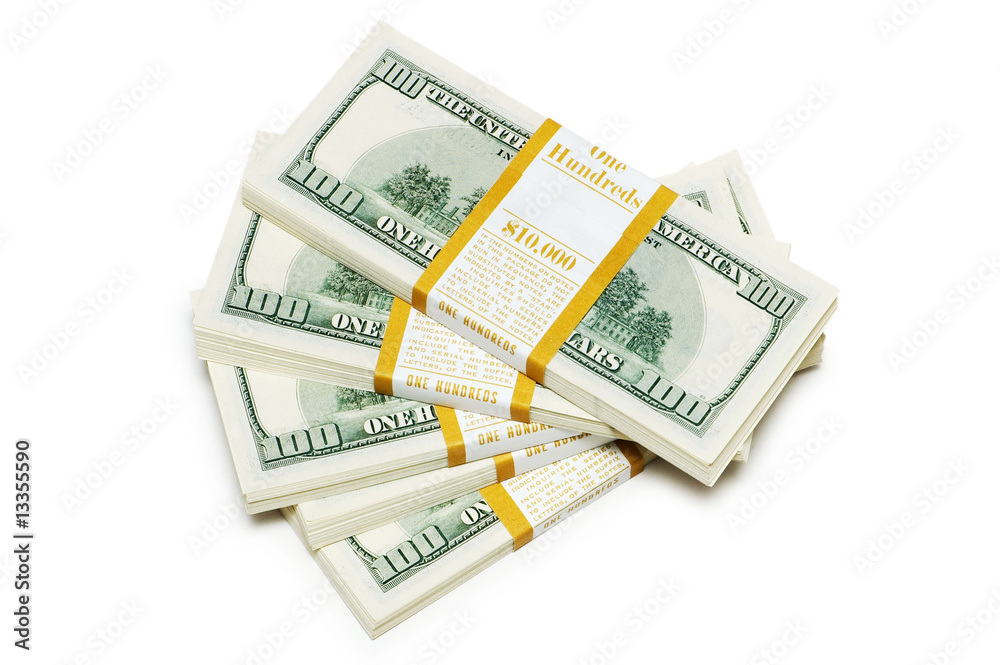Ten thousand dollar stacks on the white Ten thousand dollar stacks on the white