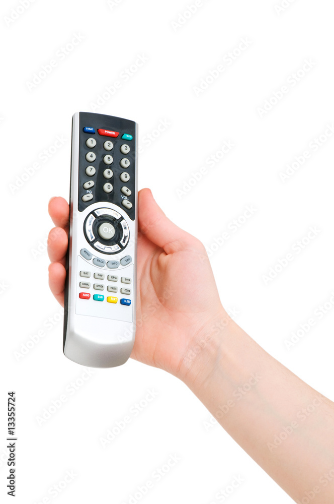 Hand with remote control isolated on white Hand with remote control isolated on white