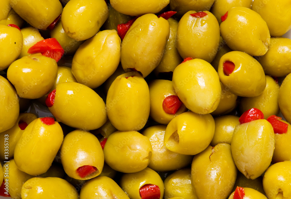 Food background made of fresh green olives Food background made of fresh green olives
