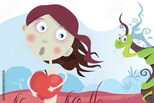 Eve with apple. Biblic sin. Vector Illustration.