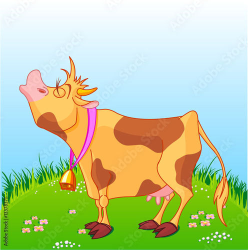 Vector illustration of cute cow at sunny meadow.