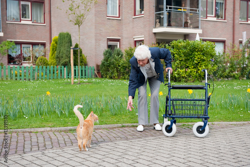 Elderly woman with walker and cat photo