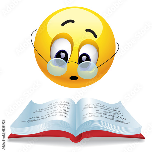 Smiling ball reading book with glasses