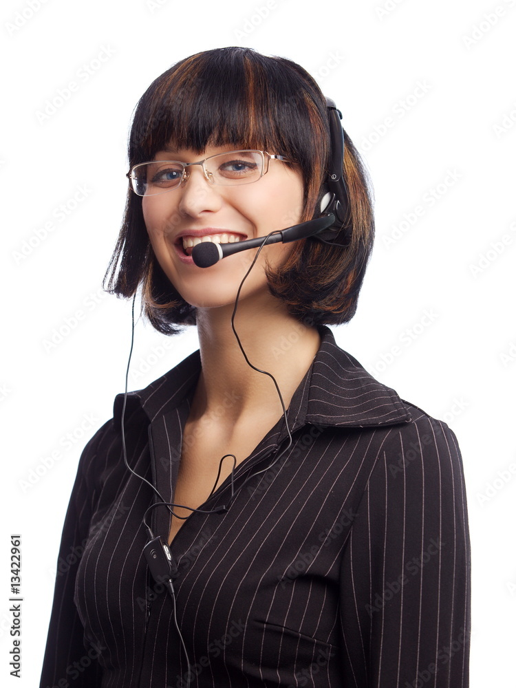 Smiled brunette woman with headphone and microphone Smiled brunette woman with headphone and microphone