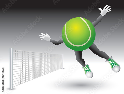 Tennis ball cartoon character with net