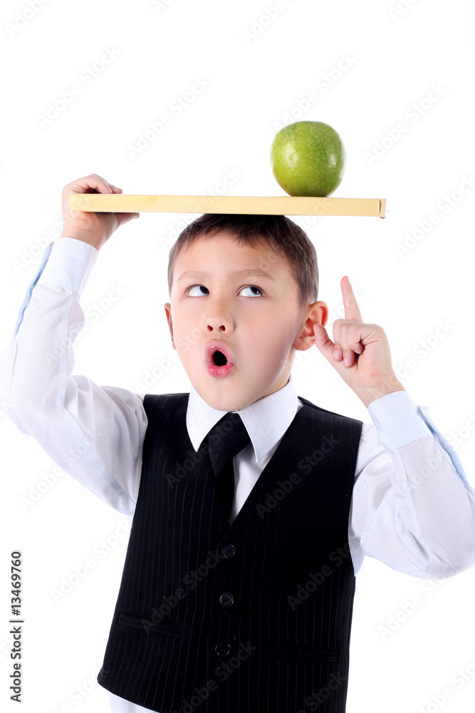 schoolboy with book and apple isolated on white schoolboy with book and apple isolated on white